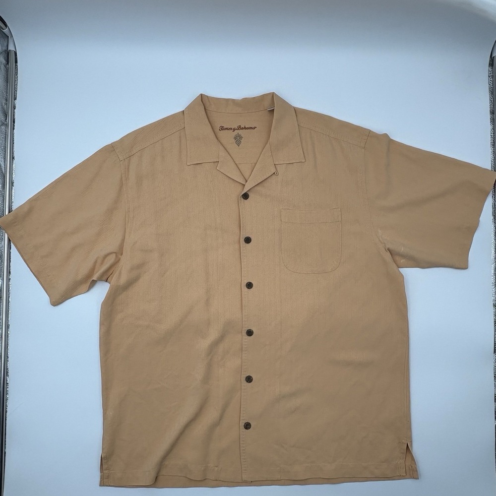 Tommy Bahama Shirt Mens L Orange Silk Short Sleeve Stripe Casual Camp Button Up
